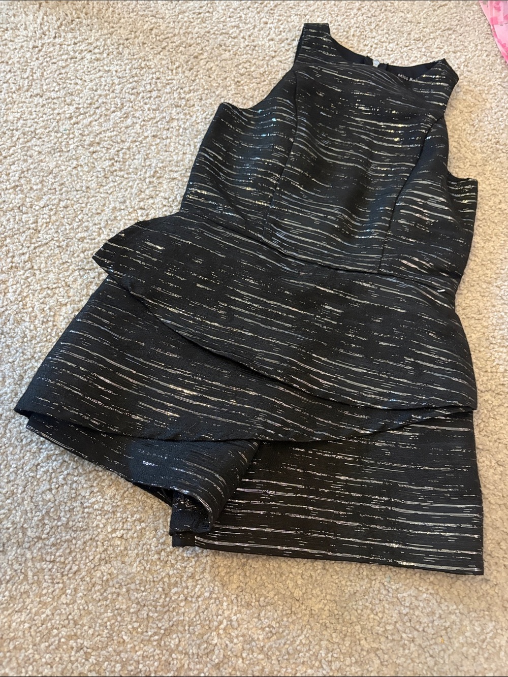Girls Black Metallic-Strip Peplum Party Dress